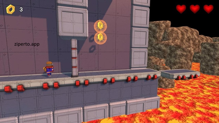 Robo Hop gameplay featuring a small robot jumping avoiding hazards, collecting upgrades and exploring colorful sci-fi levels.