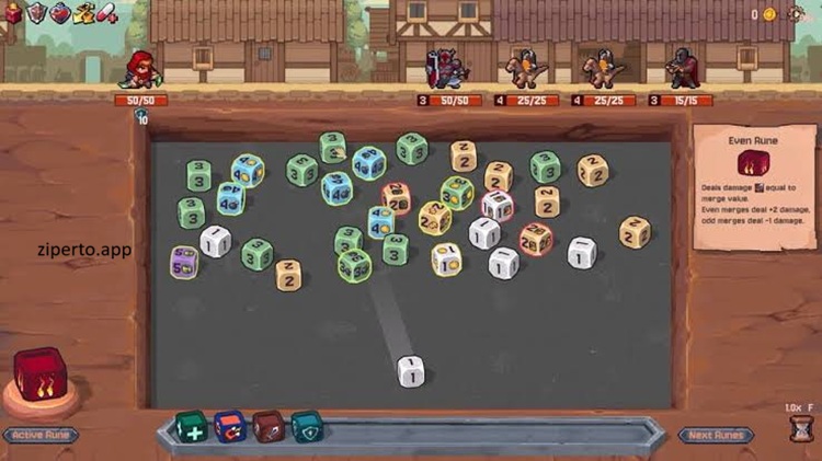 Rune Dice gameplay showing magical dice rolls, fantasy battles, rune upgrades, tactical combat, and roguelike progression.