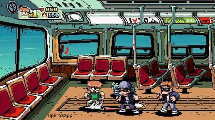 Scott Pilgrim vs The World The Game gameplay featuring Scott fighting enemies in a colorful pixel-art beat 'em up stage.