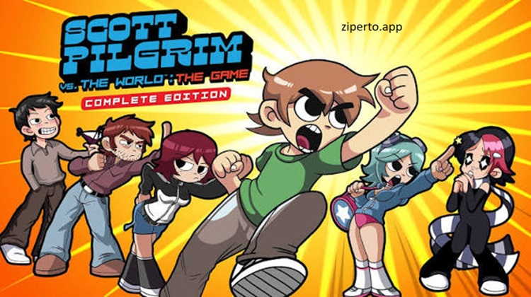 Scott Pilgrim vs The World The Game gameplay featuring Scott fighting enemies in a colorful pixel-art beat 'em up stage.