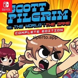 Scott Pilgrim vs The World The Game gameplay featuring Scott fighting enemies in a colorful pixel-art beat 'em up stage.
