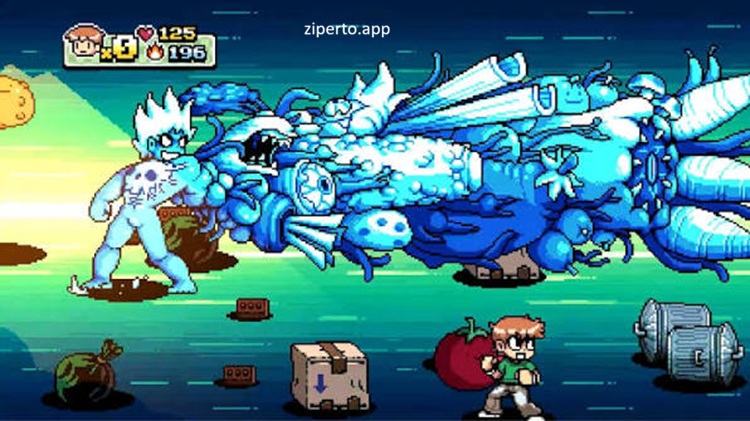 Scott Pilgrim vs The World The Game gameplay featuring Scott fighting enemies in a colorful pixel-art beat 'em up stage.