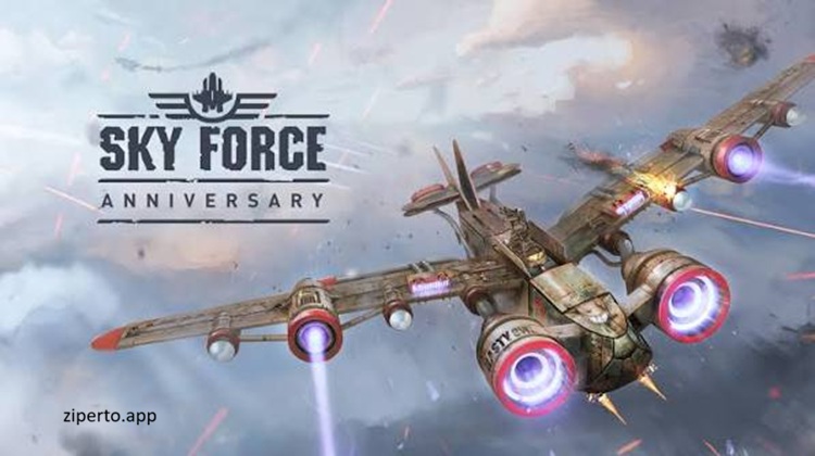 Sky Force Anniversary gameplay featuring a fighter jet battling enemy aircraft, ground units, missiles, explosions, and powerful bosses.