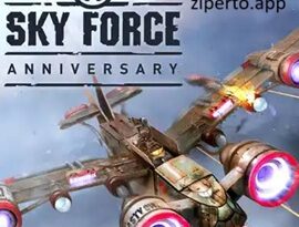 Sky Force Anniversary gameplay featuring a fighter jet battling enemy aircraft, ground units, missiles, explosions, and powerful bosses.
