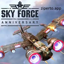 Sky Force Anniversary gameplay featuring a fighter jet battling enemy aircraft, ground units, missiles, explosions, and powerful bosses.