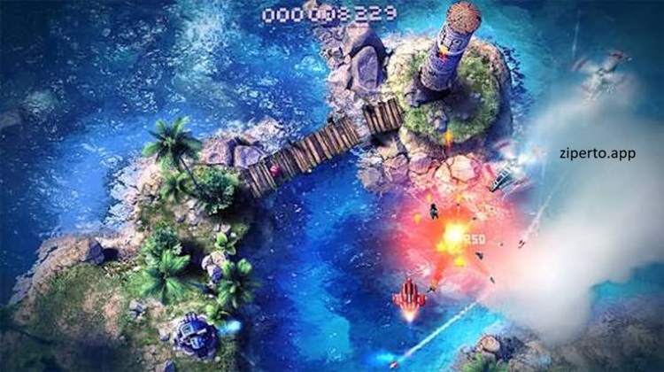 Sky Force Anniversary gameplay featuring a fighter jet battling enemy aircraft, ground units, missiles, explosions, and powerful bosses.