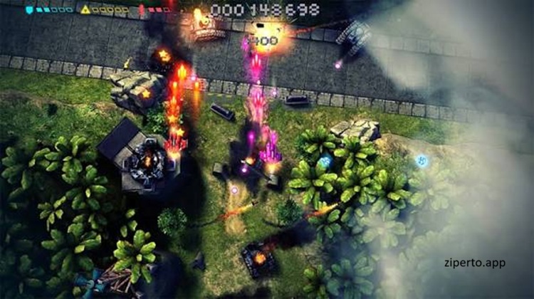 Sky Force Anniversary gameplay featuring a fighter jet battling enemy aircraft, ground units, missiles, explosions, and powerful bosses.