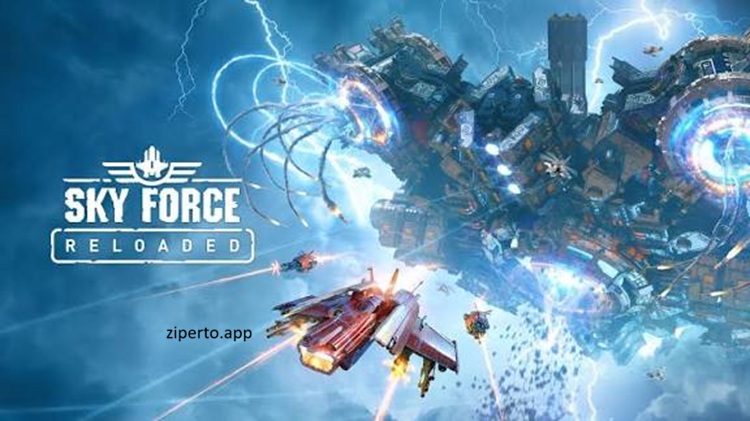 Sky Force Reloaded gameplay featuring a fighter jet battling enemy aircraft, ground targets, missiles, and powerful bosses.