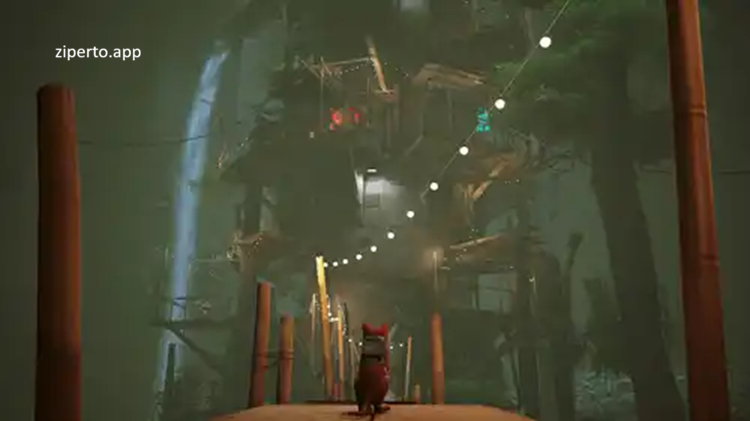 Stray gameplay featuring a lost cat exploring a mysterious neon-lit city filled with robots and hidden secrets.