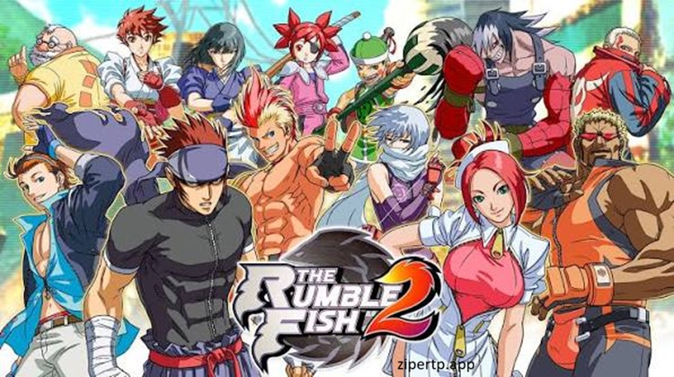 The Rumble Fish 2 gameplay showing two fighters battling in a colorful 2D arcade arena with powerful attacks.