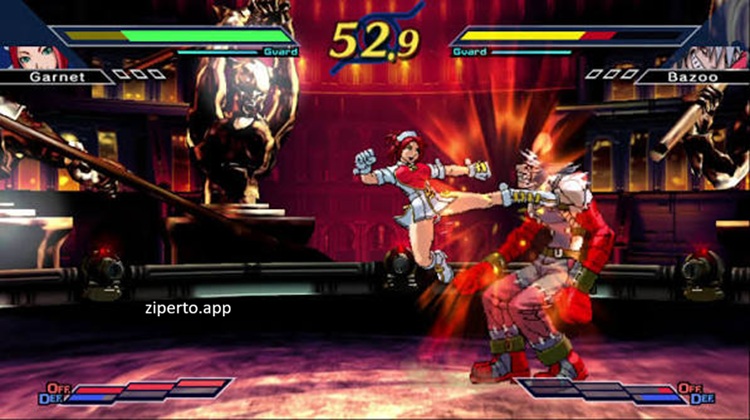 The Rumble Fish 2 gameplay showing two fighters battling in a colorful 2D arcade arena with powerful attacks.