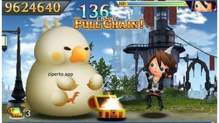 Theatrhythm Final Fantasy: Curtain Call gameplay featuring chibi characters performing rhythm challenges with colorful musical visuals.