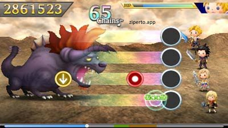 Theatrhythm Final Fantasy: Curtain Call gameplay featuring chibi characters performing rhythm challenges with colorful musical visuals.