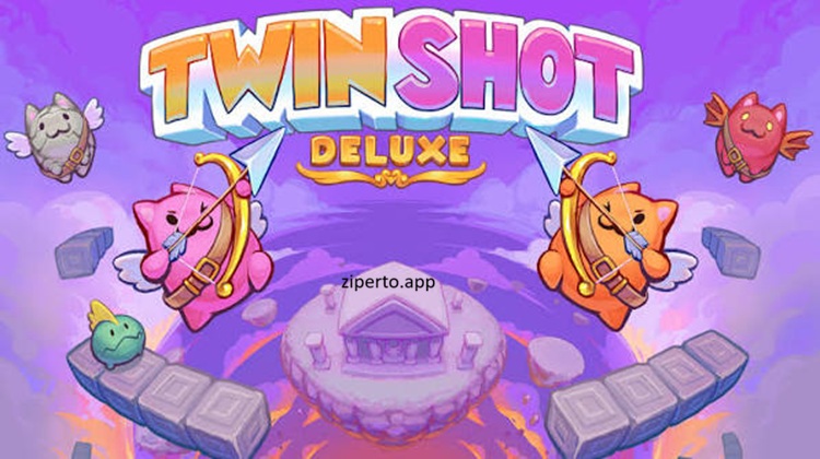 Twin Shot Deluxe gameplay featuring angel heroes, magical bow combat, colorful fantasy levels, enemy battles and cooperative arcade action.