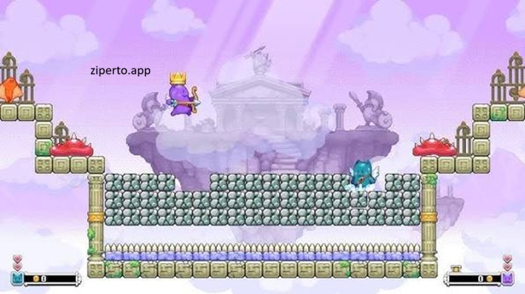 Twin Shot Deluxe gameplay featuring angel heroes, magical bow combat, colorful fantasy levels, enemy battles and cooperative arcade action.