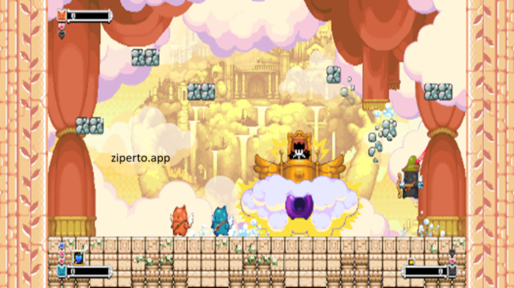 Twin Shot Deluxe gameplay featuring angel heroes, magical bow combat, colorful fantasy levels, enemy battles and cooperative arcade action.