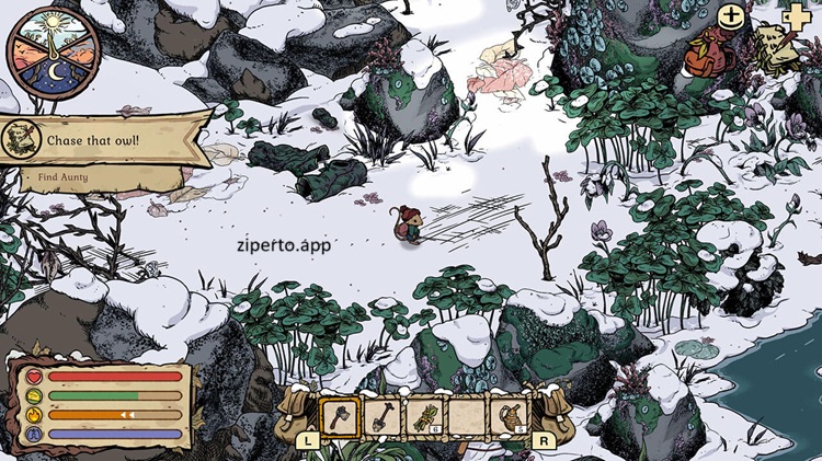 Winter Burrow gameplay featuring a small mouse exploring snowy forests, crafting supplies and building a cozy underground burrow.