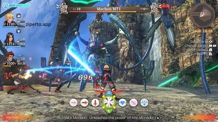 Xenoblade Chronicles Definitive Edition gameplay with Shulk exploring a vast fantasy world and engaging in real-time RPG combat.