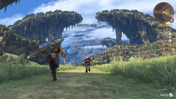Xenoblade Chronicles Definitive Edition gameplay with Shulk exploring a vast fantasy world and engaging in real-time RPG combat.