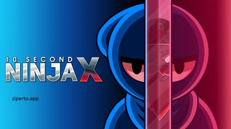 10 Second Ninja X gameplay showing a ninja racing through a colorful platforming stage in attacking robots.