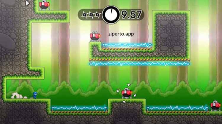 10 Second Ninja X gameplay showing a ninja racing through a colorful platforming stage in attacking robots.