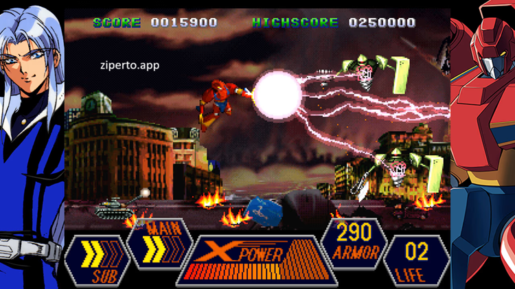 70s-style Robot Anime Geppy-X gameplay showing colorful giant robots, retro anime characters and classic science-fiction action scenes.