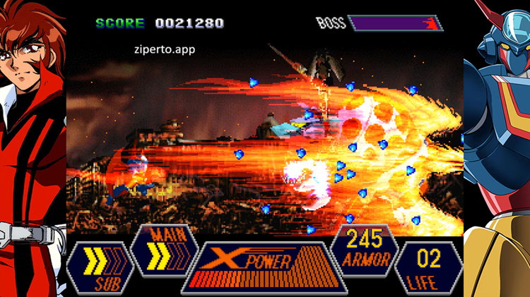 70s-style Robot Anime Geppy-X gameplay showing colorful giant robots, retro anime characters and classic science-fiction action scenes.