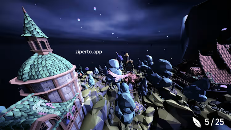 Aery – Dream Land gameplay showing a bird flying through colorful floating islands and peaceful exploration.