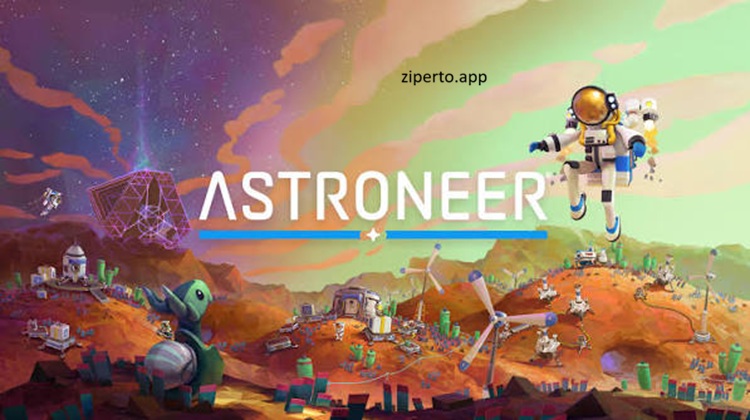 ASTRONEER 2026 featuring astronauts, colorful alien planets, space bases, vehicles and planetary exploration.