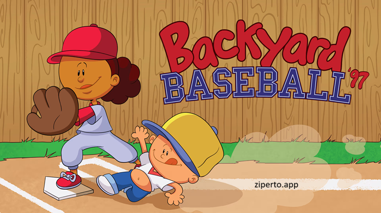 Backyard Baseball '97 gameplay showing cartoon baseball players with bats, gloves and classic sports action.