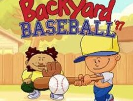 Backyard Baseball '97 gameplay showing cartoon baseball players with bats, gloves and classic sports action.