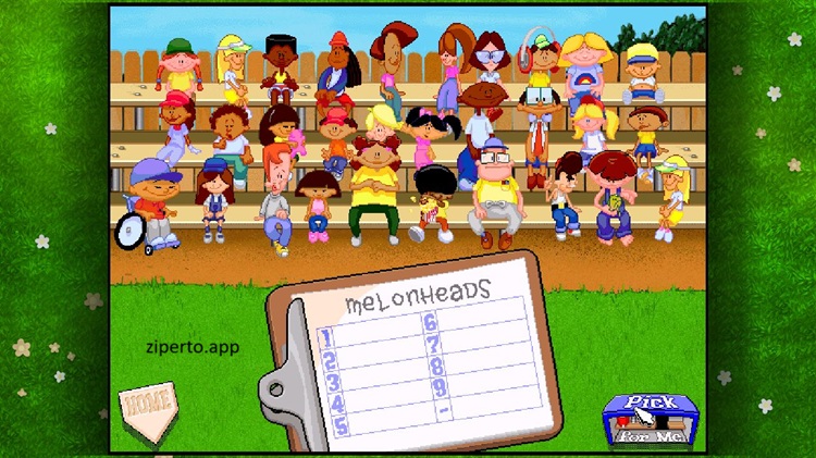 Backyard Baseball '97 gameplay showing cartoon baseball players with bats, gloves and classic sports action.