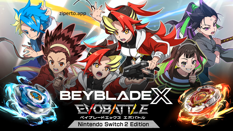 BEYBLADE X EVOBATTLE is showing customized Beyblades clashing inside a battle stadium with colorful effects and fast-paced competitive action.