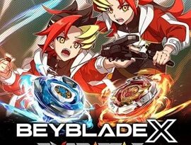 BEYBLADE X EVOBATTLE is showing customized Beyblades clashing inside a battle stadium with colorful effects and fast-paced competitive action.
