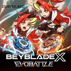 BEYBLADE X EVOBATTLE is showing customized Beyblades clashing inside a battle stadium with colorful effects and fast-paced competitive action.
