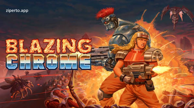 Blazing Chrome 2026 featuring resistance soldiers fighting robots across a futuristic battlefield.