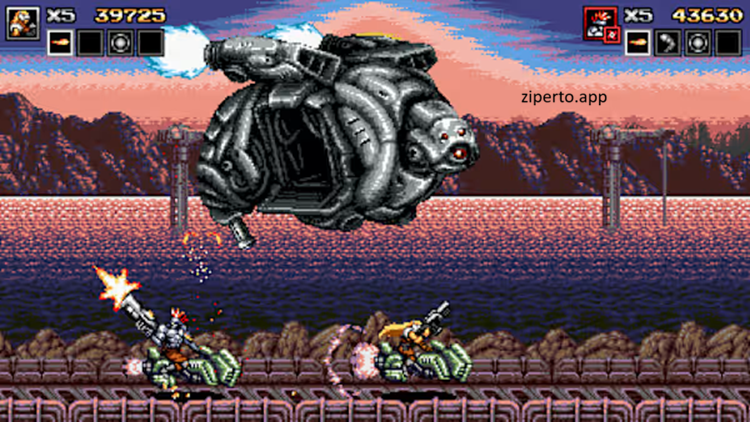 Blazing Chrome 2026 featuring resistance soldiers fighting robots across a futuristic battlefield.