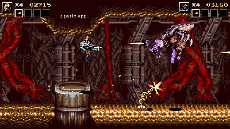 Blazing Chrome 2026 featuring resistance soldiers fighting robots across a futuristic battlefield.