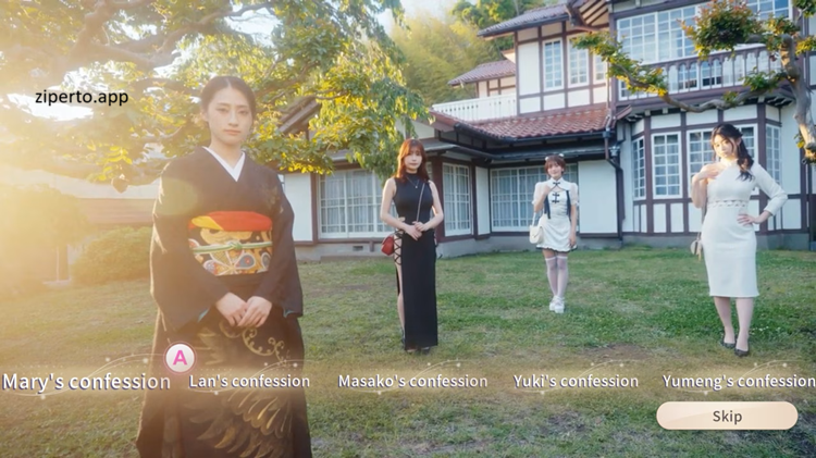 Blossom Voyage showing a live-action romance scene set in Japan with city streets and story-driven character interactions.