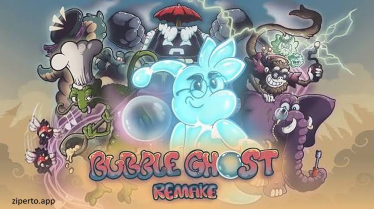 Bubble Ghost Remake 2026 gameplay with a ghost guiding a bubble through obstacles.