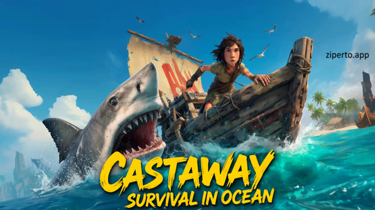 CASTAWAY SURVIVAL IN OCEAN gameplay showing a survivor on a raft surrounded by open water and managing ocean survival.