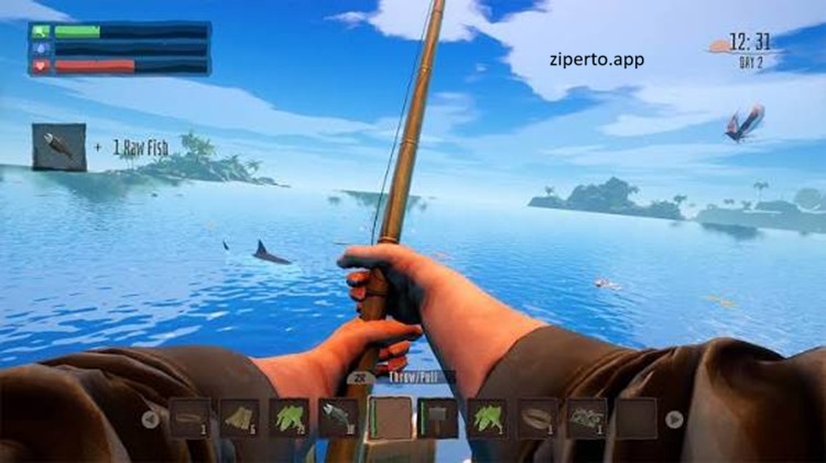 CASTAWAY SURVIVAL IN OCEAN gameplay showing a survivor on a raft surrounded by open water and managing ocean survival.