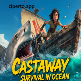 CASTAWAY SURVIVAL IN OCEAN gameplay showing a survivor on a raft surrounded by open water and managing ocean survival.
