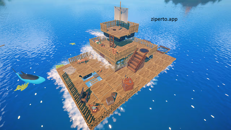 CASTAWAY SURVIVAL IN OCEAN gameplay showing a survivor on a raft surrounded by open water and managing ocean survival.