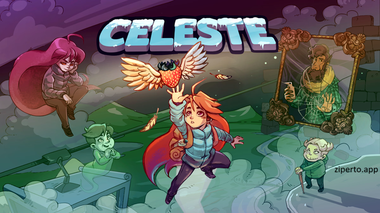 Celeste 2026 featuring Madeline climbing a snowy mountain with pixel-art scenery, dangerous platforms and icy paths.