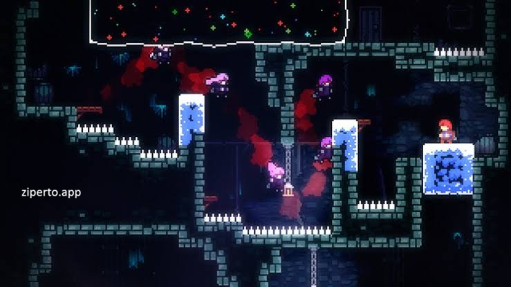 Celeste 2026 featuring Madeline climbing a snowy mountain with pixel-art scenery, dangerous platforms and icy paths.