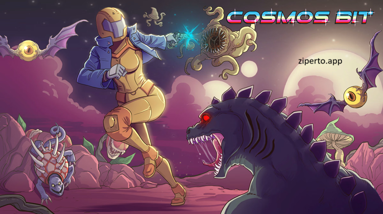 Cosmos Bit Switch gameplay showing a colorful 8-bit alien world with pixel-art platforms and enemies.