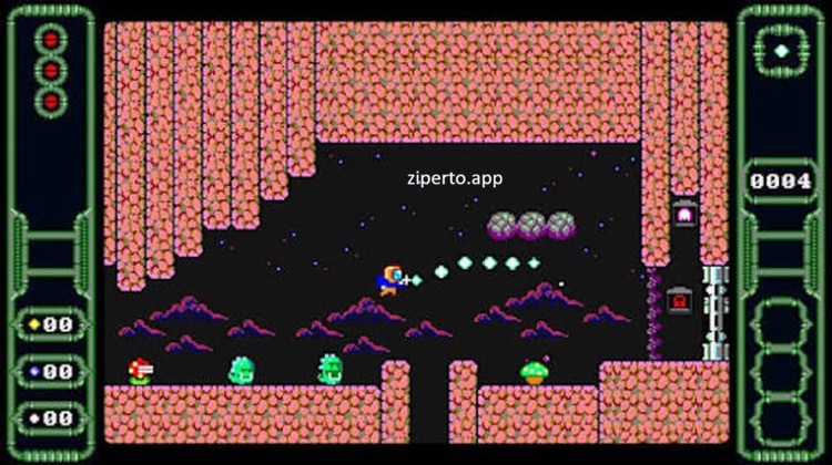 Cosmos Bit Switch gameplay showing a colorful 8-bit alien world with pixel-art platforms and enemies.