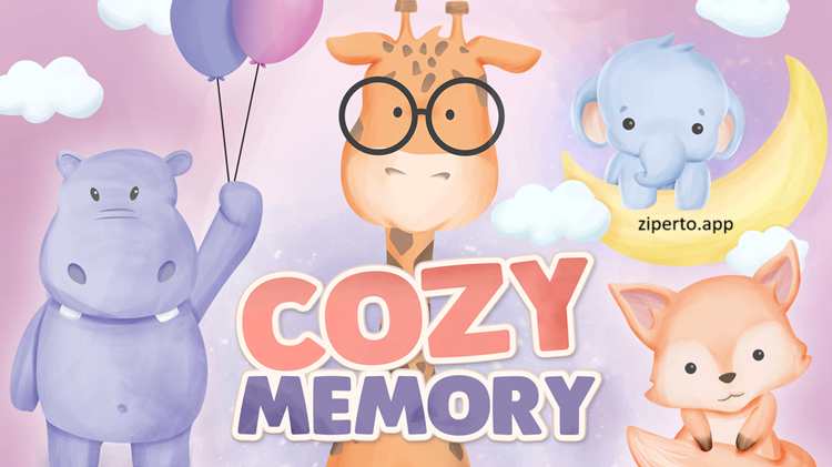 Cozy Memory gameplay showing adorable animal cards arranged in a colorful matching puzzle with hand-painted artwork.