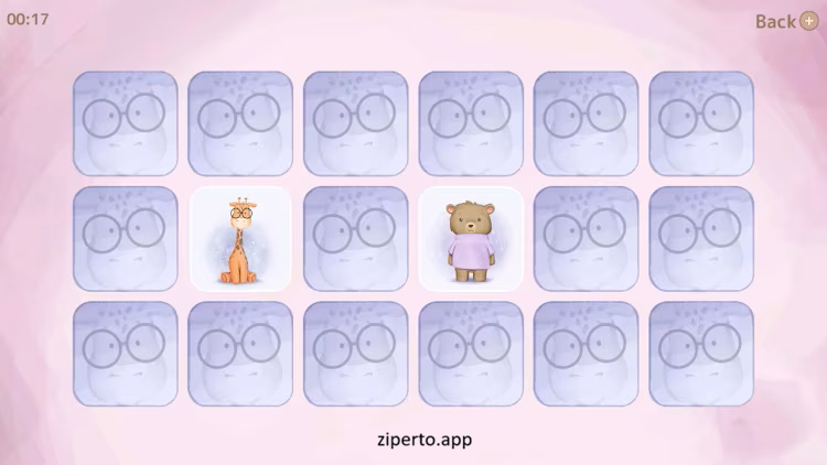 Cozy Memory gameplay showing adorable animal cards arranged in a colorful matching puzzle with hand-painted artwork.